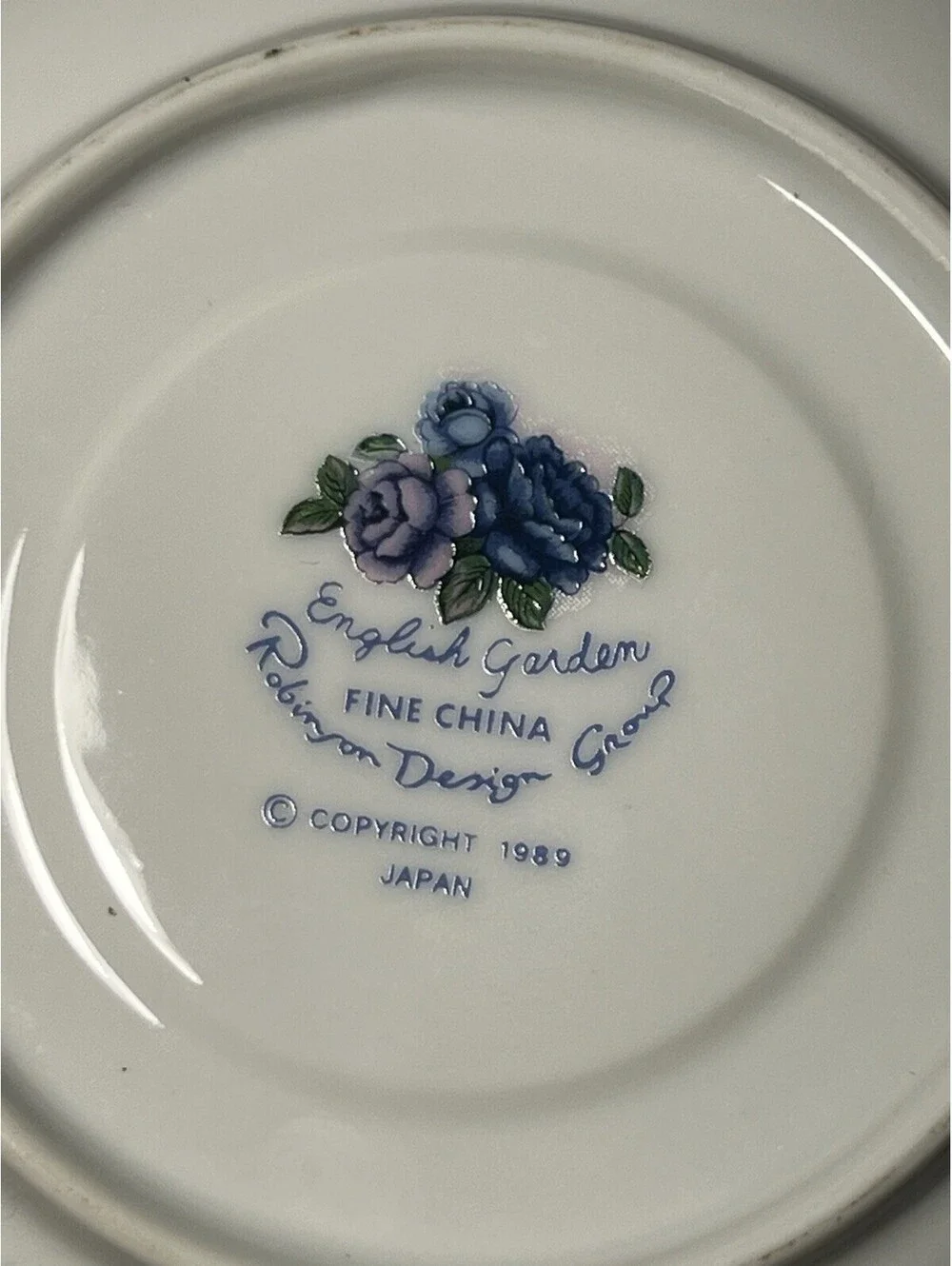 Robinson Design 1989 Orphan Saucer English Garden Blue Lavender Roses, 5.5”